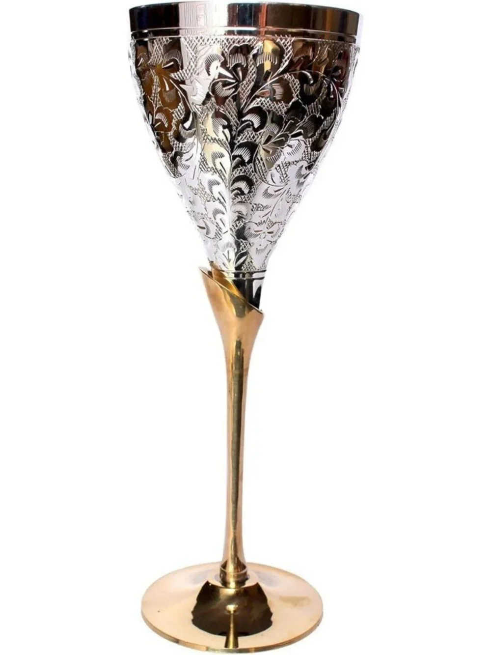 Engraved Brass Champagne Goblet Set - Elegant Silver Polished Wine Glasses